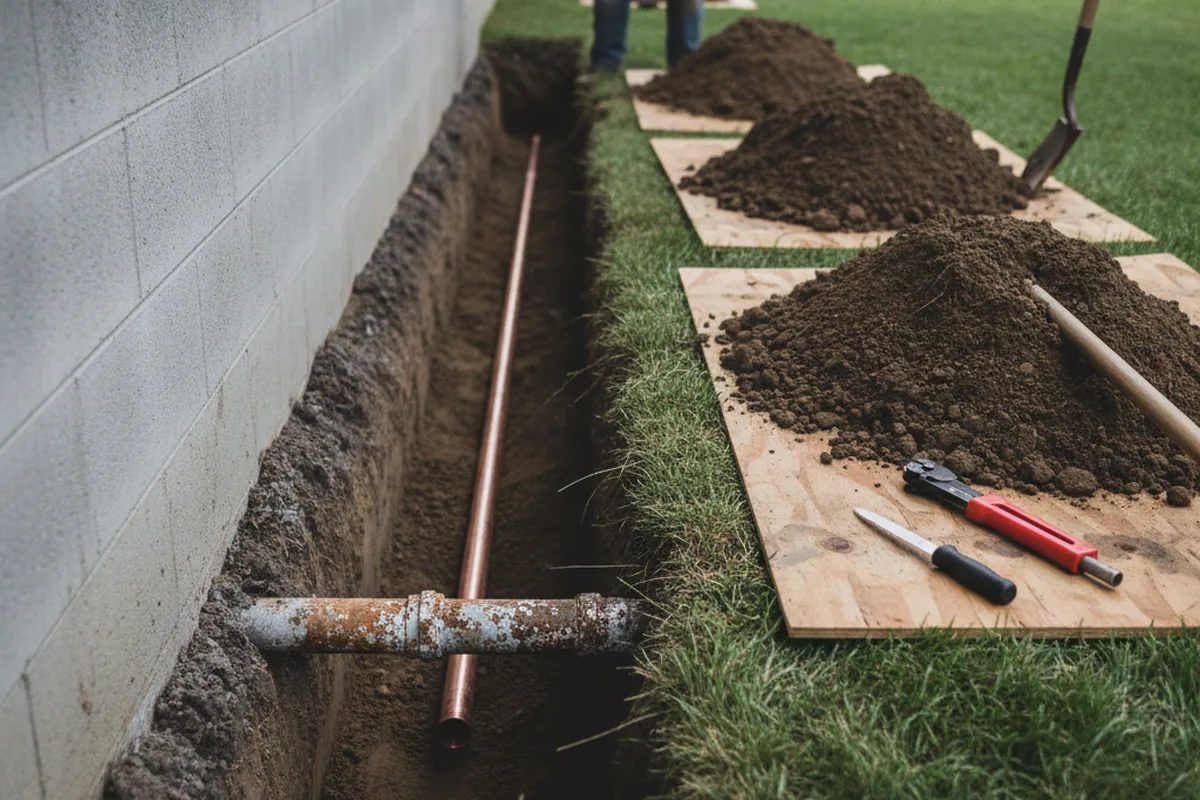 Excavated water line trench during Sewer Line Repair in Needmore